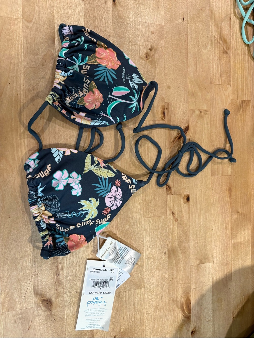 O'Neill Black Floral Tie-Back Bikini Top - Black Tropical